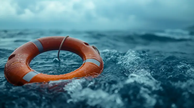 Pomarańczowe koło ratunkowe dryfujące na wzburzonych falach morza – symboliczna ilustracja strategii przetrwania biznesu w czasie kryzysu.