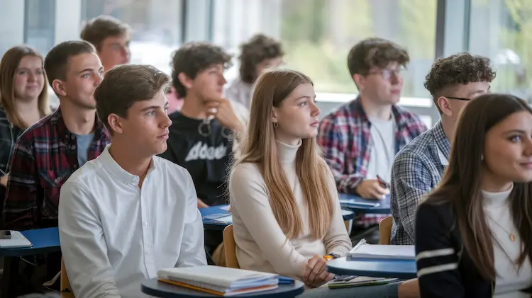 Grupa studentów siedzących w sali wykładowej i uważnie słuchających wykładu – wizualizacja wyzwań finansowych i edukacyjnych młodych ludzi.