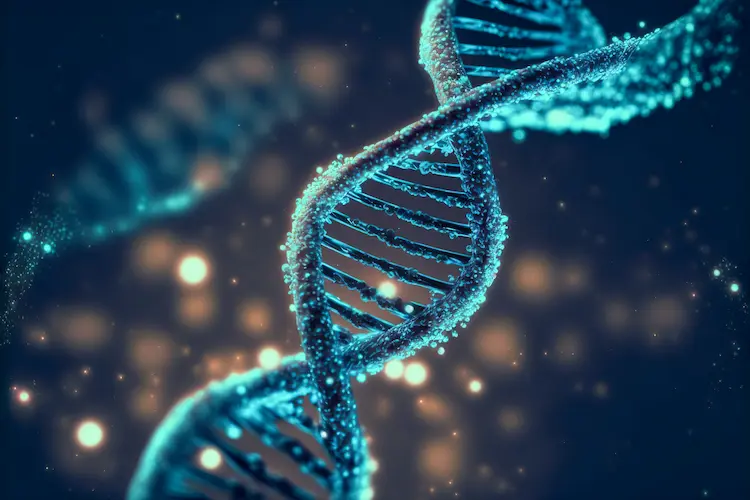Świecąca struktura podwójnej helisy DNA w kolorze turkusowym – symboliczna ilustracja unikalnego DNA firmy i wyznaczania przewag konkurencyjnych.