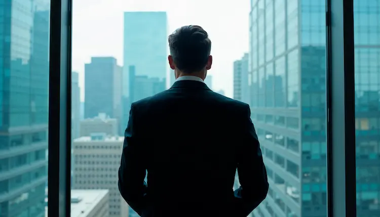 Biznesmen patrzący przez okno wieżowca na nowoczesne centrum biznesowe – metafora stabilności i sukcesu fundacji rodzinnych w Polsce.