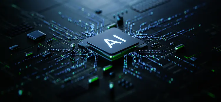 Nowoczesny procesor z napisem AI na płycie głównej ze świecącymi układami – wizualizacja bitwy o chipy i rozwój sztucznej inteligencji.