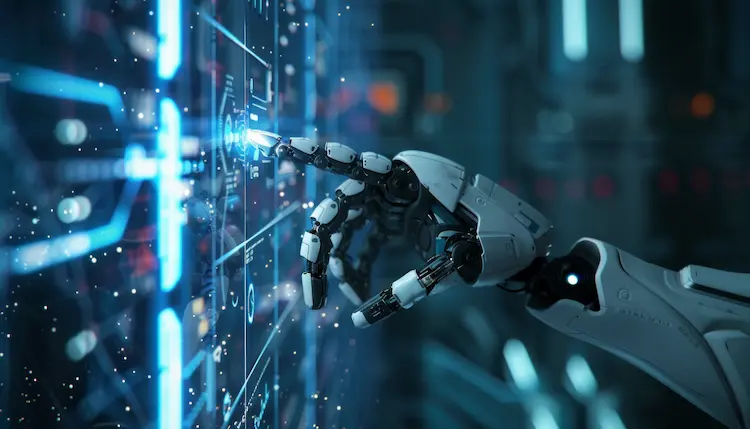 Mechaniczna ręka robota dotykająca interfejsu z niebieskimi danymi cyfrowymi – ilustracja do artykułu o kontrowersjach i oszustwie Builder.ai.