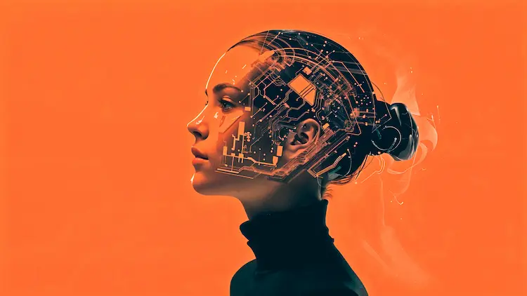 Futurystyczny profil kobiety z cyfrową siatką AI - sztuczna inteligencja w polskich firmach