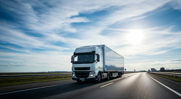 Biały ciągnik siodłowy na autostradzie – symbol branży TSL szukającej płynności finansowej w 2026 roku.