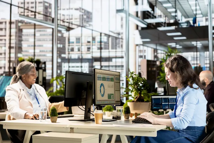 Zespół pracujący w nowoczesnym, jasnym biurze przy komputerach – fundamenty wzrostu nowoczesnych firm w 2026 roku.